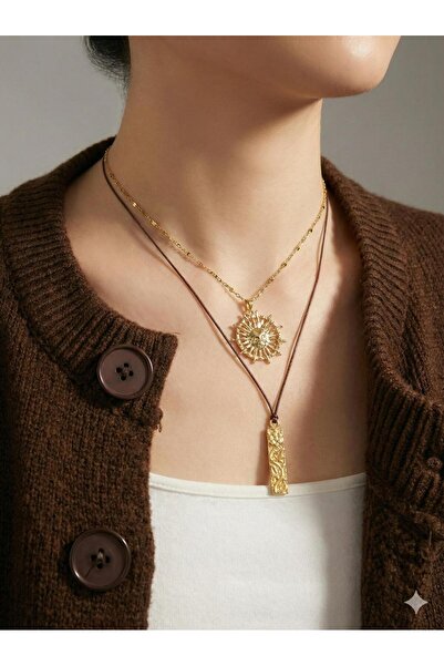 Sphere Jewelry Çiçek Kabartmalı Kahverengi Paraşüt İp Kolye