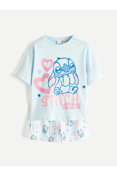 LC Waikiki طقم بيجامة بناتي أزرق مطبوع عليه ستيتش مع شورت