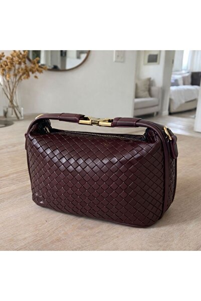 EGEM ATELİER Kadın Örgü Dokulu Gold Kilit Detaylı El ve Omuz Çantası