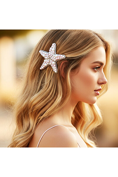 woodycord El Yapımı İnci ve Boncuk İşlemeli Yıldız Klips Toka