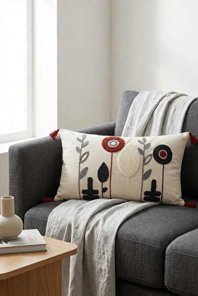 Valmia Home غطاء وسادة مستطيل مزخرف 35x55 - مطرز حديث الطراز مع شراشيب (بلاط/...