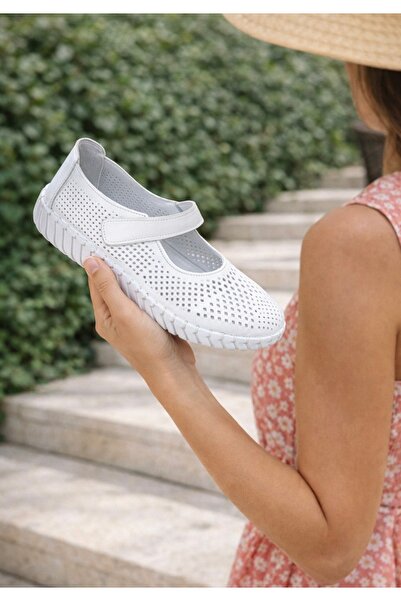 Anıl Ayakkabı B1 3255 Women's White Genuine Leather Flexible Sole Comford Vel...