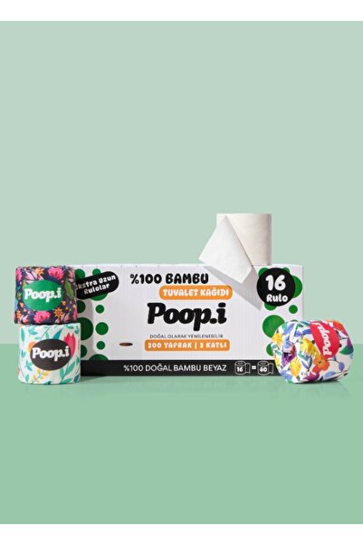 Poop.i %100 Bambu "Extra Uzun Rulo" 16 Tuvalet Kağıdı FLORAL Doğal Beyaz