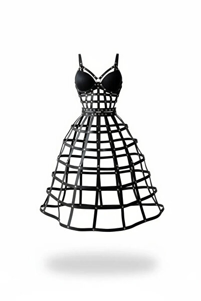 ALFA AKSESUAR 03 Black Women's Skirt with Leather Cage Structure and Stud Det...