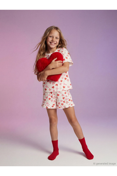 LC Waikiki RMZ GİYİM FARKIYA طقم بيجامة بناتي مطبوع عليه قلب مع شورت