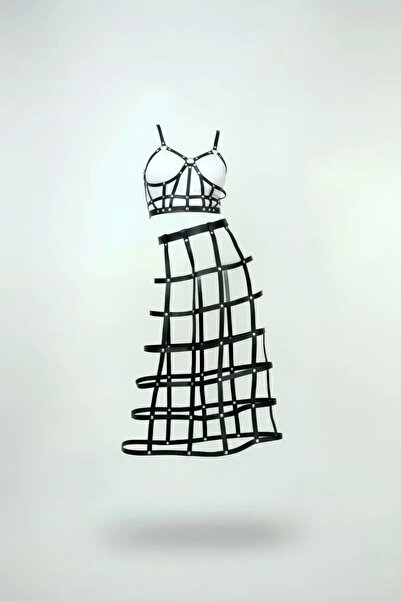 ALFA AKSESUAR 03 Black Skirt Faux Leather Skirt Cage Detailed Skirt Midi Leng...