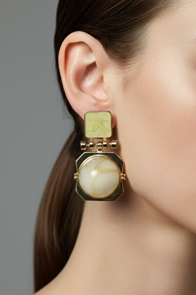 BHR AKSESUAR Gold Cream Enamel Earrings (4.5 cm)