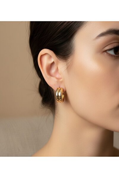 XP XUPİNG أقراط Xuping ذات التصميم العصري على شكل حلقة مزدوجة من الفولاذ الذهبي