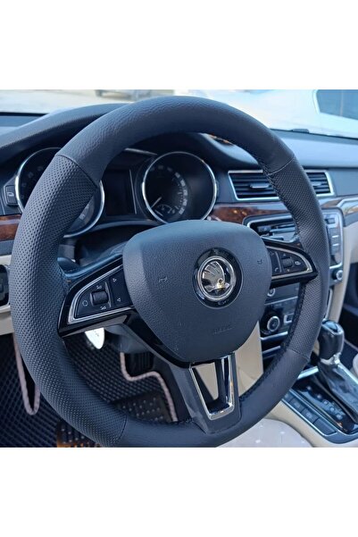 HASBAY DİKİŞLİ DİREKSİYON KILIFI NOKTALI/ SİYAH DERİ SİYAH DİKİŞLİ SKODA SÜPE...