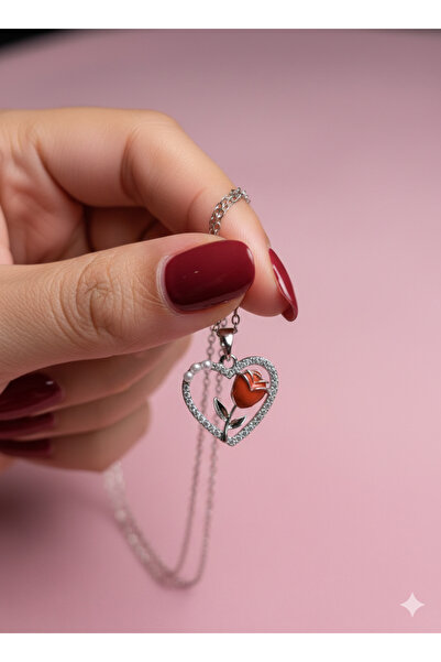 NAS fashion Women's Steel Rose Detailed Heart Necklace