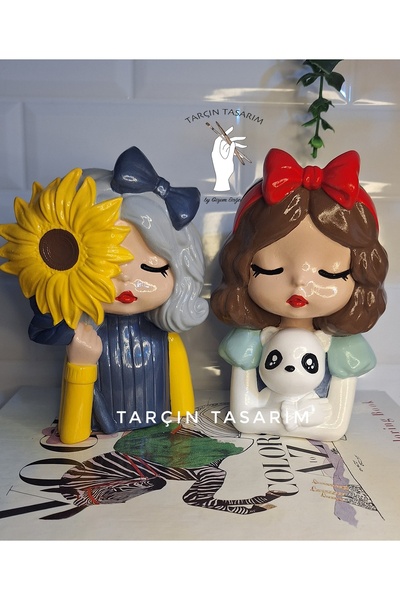TARÇIN TASARIM 15 cm Papatyalı ve Pandalı Kız Saksı/Kalemlik,Büro/Ofis, Doğum...