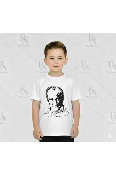YCN TEKSTİL Ataturk Signed Portrait Printed Children's T-Shirt - 100% Cotton