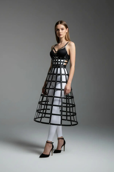 ALFA AKSESUAR 03 Black Women's Skirt Faux Leather Skirt Lattice Structured Mi...