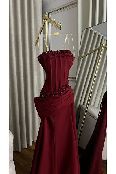 MEUON Soft dress in burgundy and sky blue