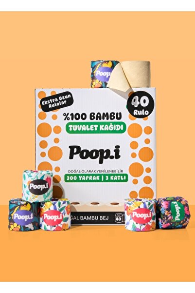 Poop.i %100 Bambu "Extra Uzun Rulo" 40 Tuvalet Kağıdı FLORAL Doğal Bej