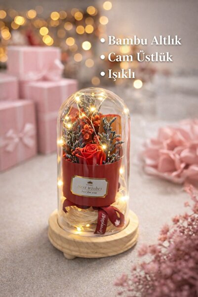 SYG SEVGİLİLER GÜNÜNE ÖZEL HEDİYELİK IŞIKLI CAM FANUS DEKORATİF GÜL BAMBU ALT...