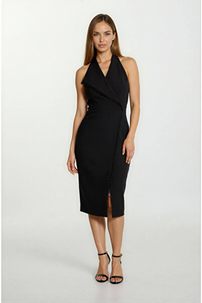 Spazio İrnerio Asimetrik Kesim Boncuk Detaylı Kısa Abiye Elbise SİYAH