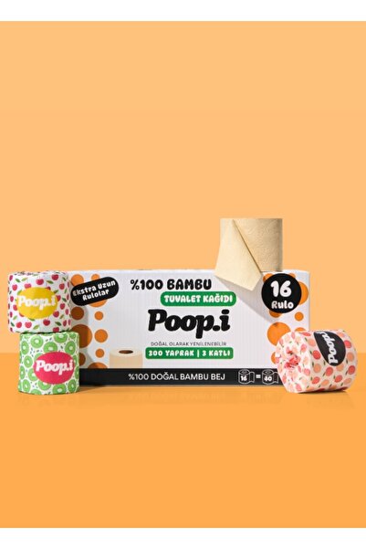 Poop.i %100 Bambu "Extra Uzun Rulo" 16 Tuvalet Kağıdı Fruity Loop Doğal Bej