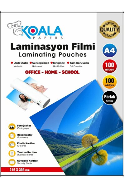 Koala 100 Micron A4 Parlak Laminasyon Filmi 216 x 303 100’LÜ