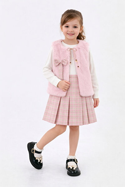 mhk burç bebe Kız Çocuk Peluş Yelekli Ekose Etek Takımı – Uzun Kollu Bluz, Şı...