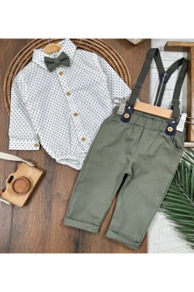 cacobutik erkek bebek gömlek zıbın papyon pantolon askısı ve pantolon 4'lü ba...