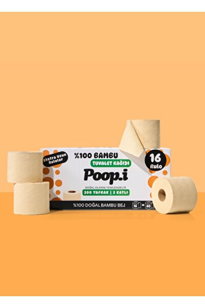 Poop.i %100 Bambu "Extra Uzun Rulo" 16 Tuvalet Kağıdı NAKED Doğal Bej