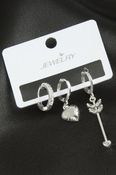 ZERO LAND Hn-Shop 3 Pcs Heart Zircon Stone Earrings-Silver Color
