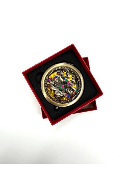 MD Moda Accessories Vintage Taşlı Metal Cep Aynası 7 cm – Hediye Kutulu