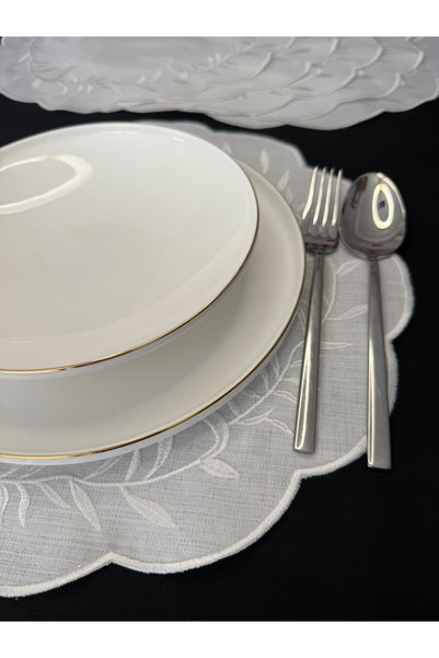 Smiling Home 6 Pieces of Linen Ecru Color Dimple Model Stylish Embroidered Placemat/Supla