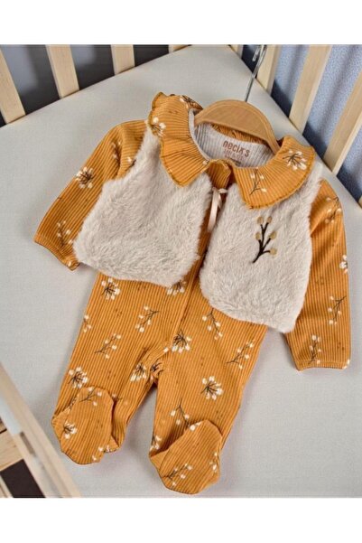 ALTINTAŞ BABY Plush Vest with Floral Pattern, Ribbed Stretchy Fabric, Snap Fa...