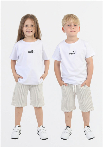 MAVİ BONCUKK Unisex Kids White Logo Printed T-Shirt and Green Striped Shorts ...