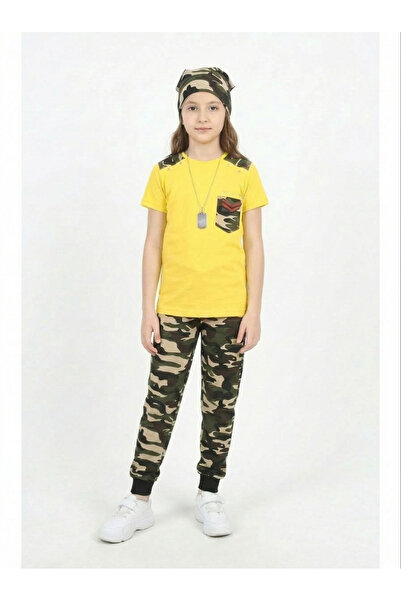 MAVİ BONCUKK Girls Camouflage Patterned T-Shirt and Sweatpants 3-Piece Set