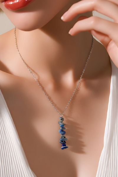 NBS Beautiful Naturel Stones Women's Steel Chain Lapis Lazuli Necklace Natura...