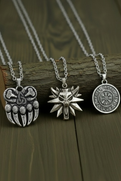 AB Takı 3 Piece Necklace Bear Claw Wolf and Compass Design Necklace Set Gift ...