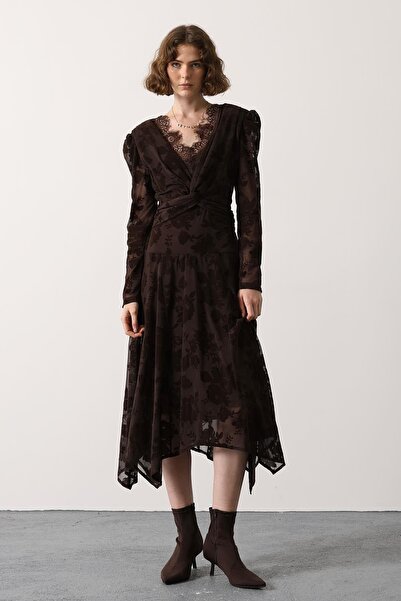 MYA Women's Padded Collar Dress with Lace Detail |   Patterned Asymmetrical D...