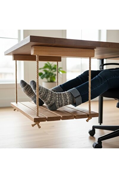 Ev dekka Ahşap Masa Altı Ayak Hamak 40x30 cm - Ergonomik Ayak Dinlendirici Sa...