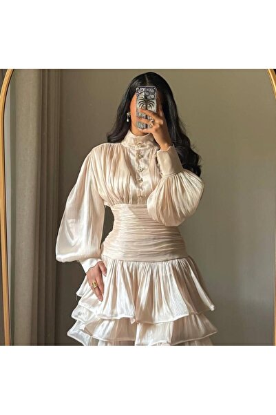 REVE A short silk dress, pearl beige, with puffed sleeves, a gathered waist a...