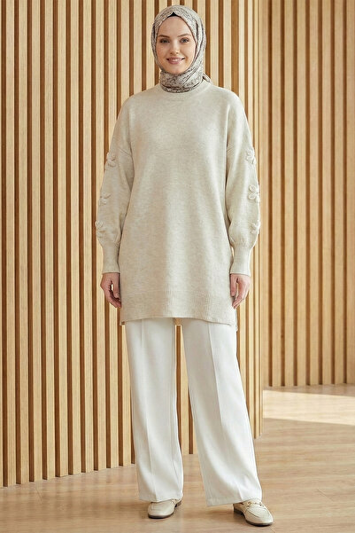 Kirazgym Women's Floral Detailed Crew Neck Soft Knit Sweater - Ecru