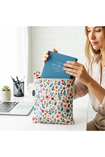 woodycord حافظة كتب وأجهزة لوحية مزودة بسحاب ونقوش زهور مصنوعة يدويًا (21x26 سم)