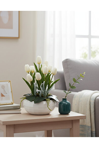 Cennet Home Nordic Beyaz Lale Aranjmanı – Seramik Görünümlü Saksıda Masaüstü ...