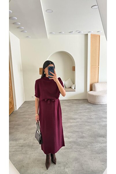 Gaus Mürdüm Kuşaklı Triko Midi Elbise GAUS-01169