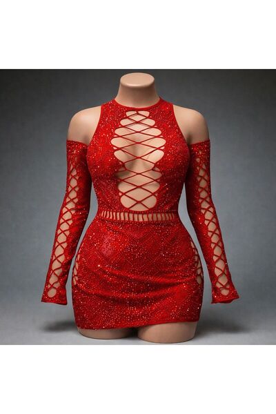 Lux Femme Taş Detaylı File Dokuma Uzun Kollu Mini Elbise