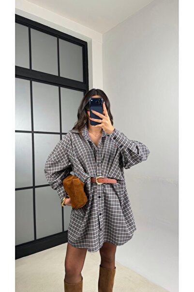 Gaus Kahve Ekose Desenli Kemerli Tasarım Elbise GAUS-01162