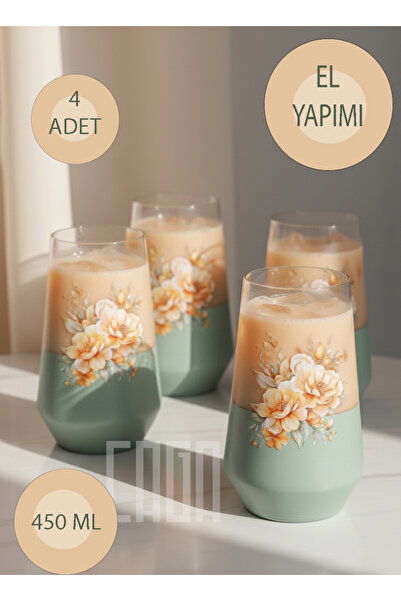 Caga Home CAGA Pinterest 4’lü El Yapımı Çiçekli Cam Bardak Seti 450 ml, Hediy...