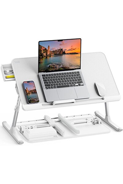 SAIJI Adjustable laptop table, with drawer, foldable sled legs, PVC leather t...