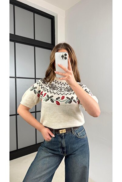 Gaus Acı Kahve Yumuşak Dokulu Desenli Kısa Kol Triko Kazak GAUS-01143