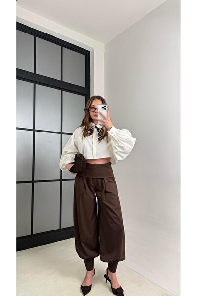 Gaus Acı Kahve Kuşaklı Tasarım Şalvar Pantolon GAUS-01118