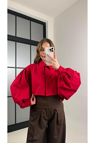 Gaus Kırmızı Balon Kol Crop Poplin Gömlek GAUS-01117