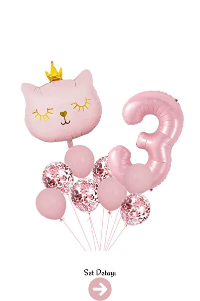 Bunloon 3 Yaş Retro Pembe Kedi Konfeti Temalı Balon Set Dekoru