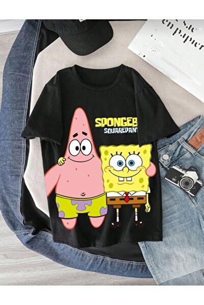 Oceanwear Spongebob Patric Printed Short Sleeve Crew Neck Unisex Plain Black ...